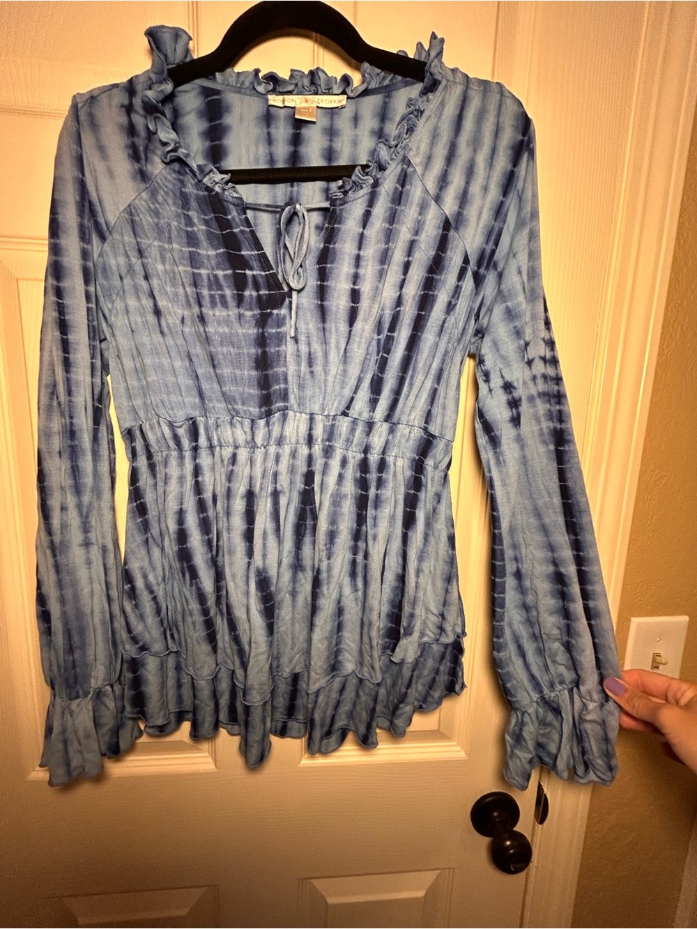 Boston Proper Blue Tie-Dye Ruffle Peplum Blouse